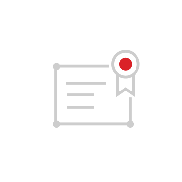Icon of a certificate with a red seal on the top right corner inside a white circular background.