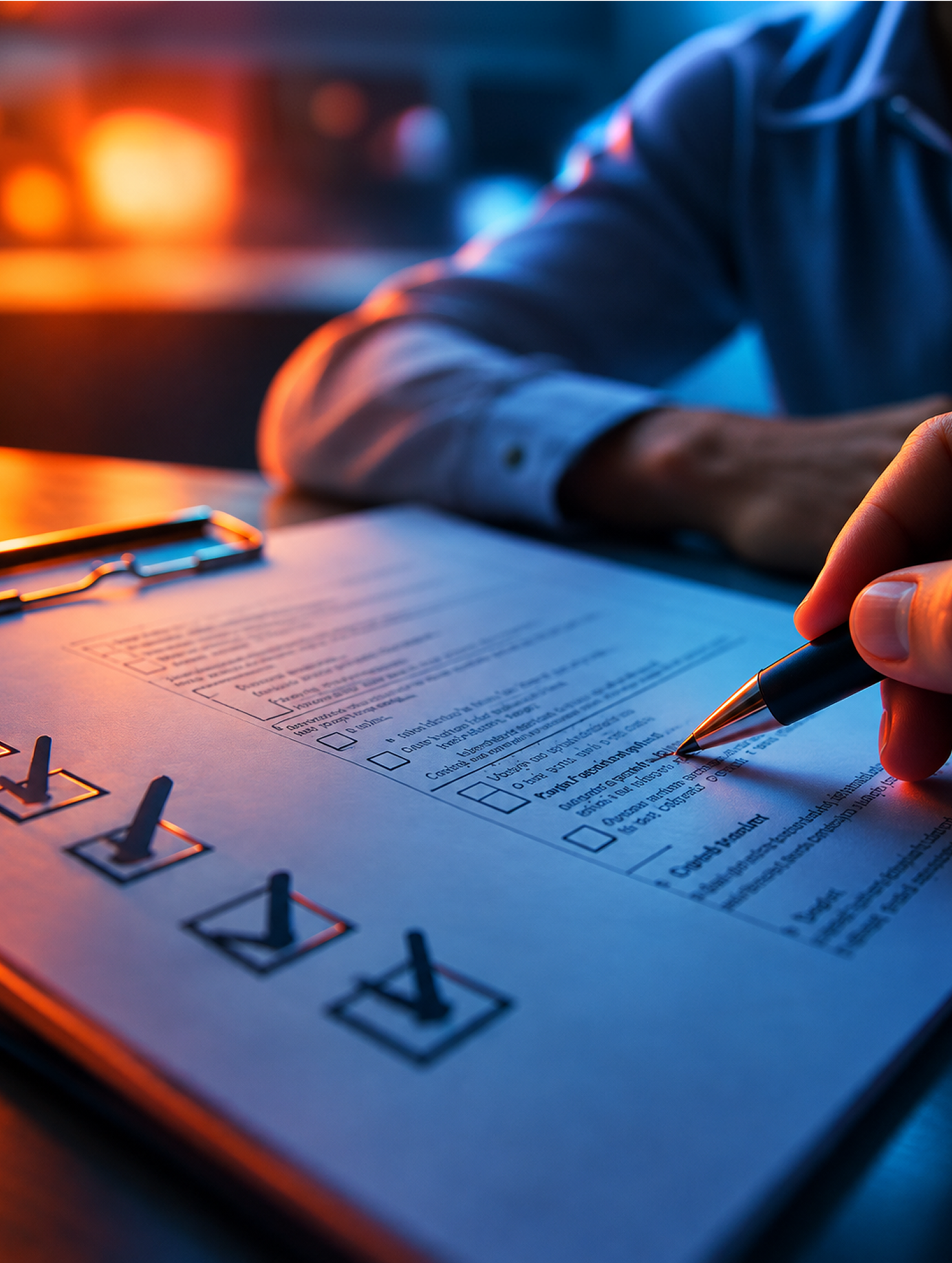 Person holding a pen over a checklist on a clipboard with multiple checkboxes, some marked, bathed in warm and cool lighting.