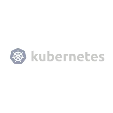 Kubernetes logo featuring a seven-spoke ship wheel icon to the left of the word 'kubernetes' in lowercase gray letters on a white circular background.