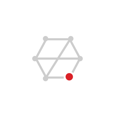 A gray hexagonal network icon with six connected nodes and one red node at the bottom right.
