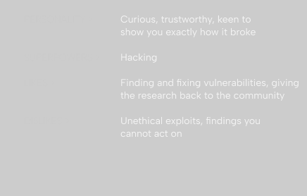 Text on a black background listing traits: Personality - Curious, trustworthy, keen to show exactly how it broke; Superpowers - Hacking; Likes - Finding and fixing vulnerabilities, giving the research back to the community; Dislikes - Unethical exploits, findings you cannot act on.