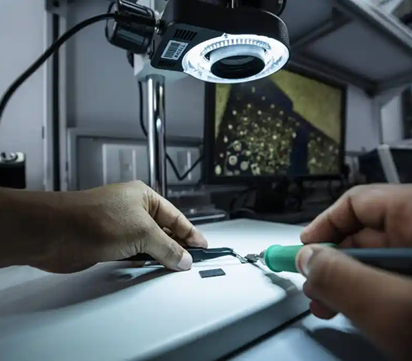 Close-up of hands repairing an electronic device on a white surface under a magnifying lamp with a digital screen in the background.