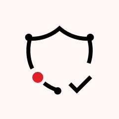 Outline of a shield with a curved connected line, a red dot on the bottom left, and a black checkmark inside the shield shape on the right.