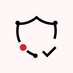 Outline of a shield with a curved connected line, a red dot on the bottom left, and a black checkmark inside the shield shape on the right.