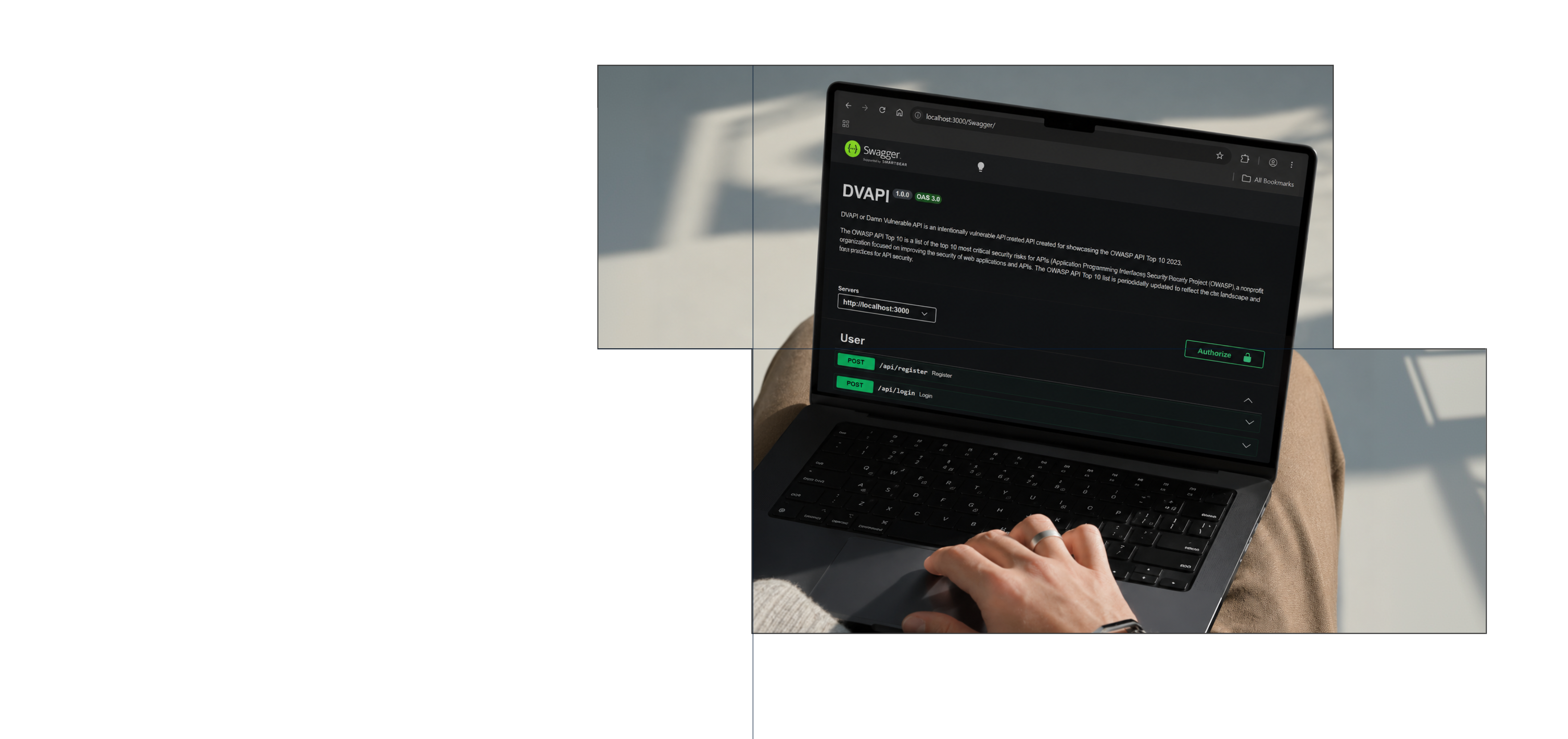 Person using a laptop showing the Swagger interface for the DVAPI API, displaying endpoints for user registration and login, with the hand resting on the keyboard.