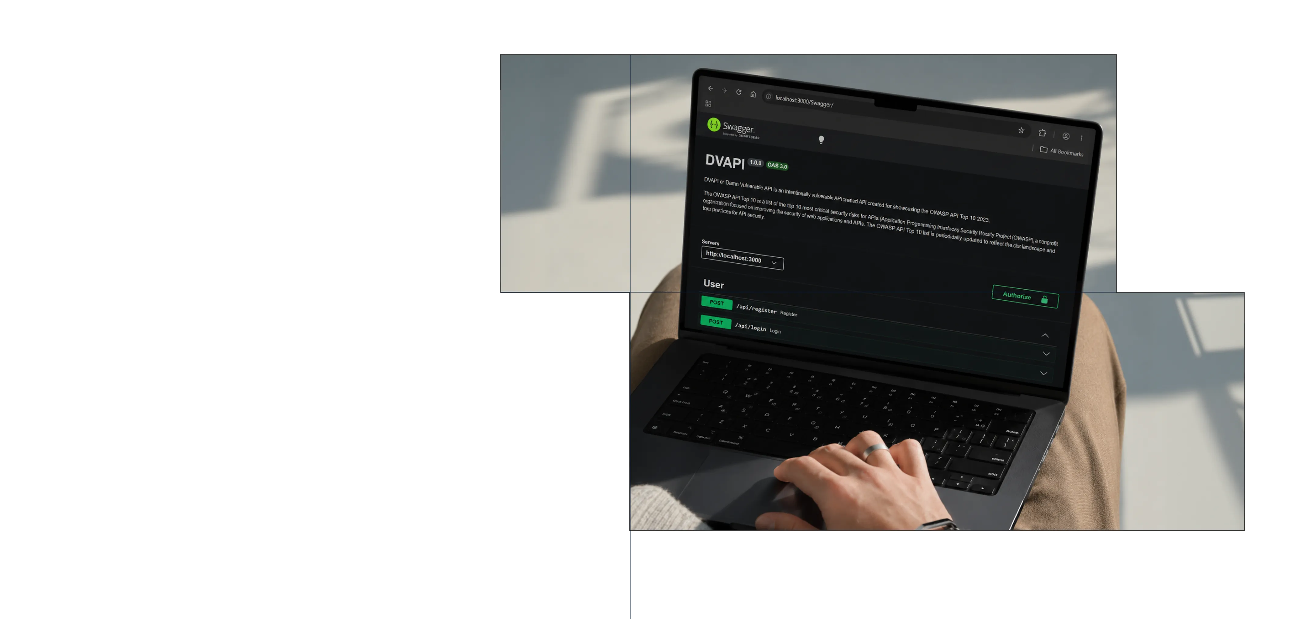 Person using a laptop showing the Swagger interface for the DVAPI API, displaying endpoints for user registration and login, with the hand resting on the keyboard.