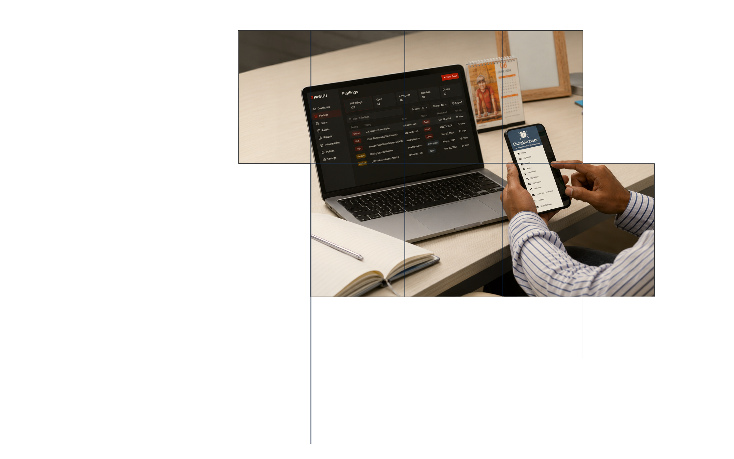 Person holding a smartphone displaying BugBazaar app interface, sitting at a desk with an open laptop showing Payatu vulnerability findings dashboard, a notebook with a pen, and a desk calendar in the background.