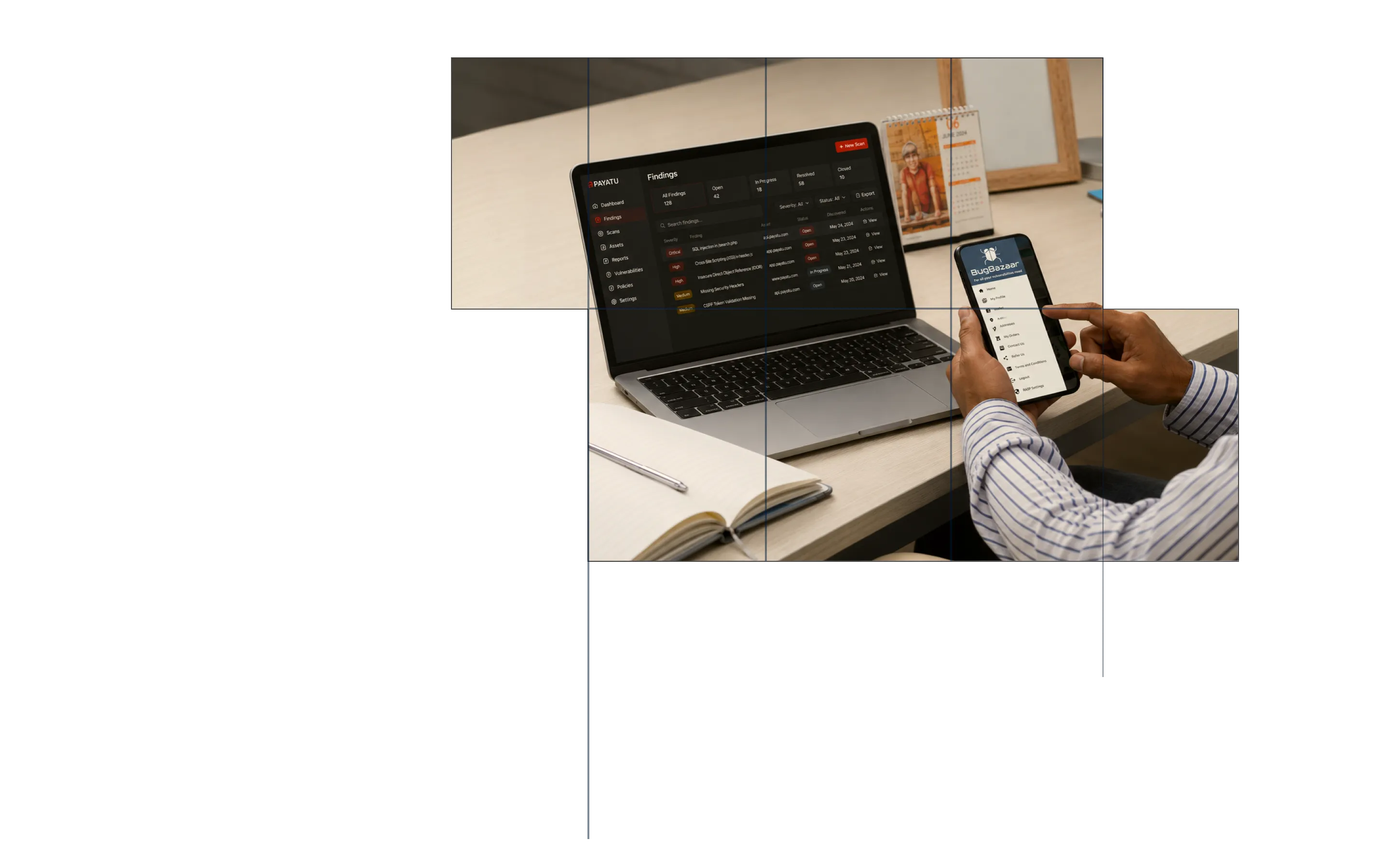 Person holding a smartphone displaying BugBazaar app interface, sitting at a desk with an open laptop showing Payatu vulnerability findings dashboard, a notebook with a pen, and a desk calendar in the background.