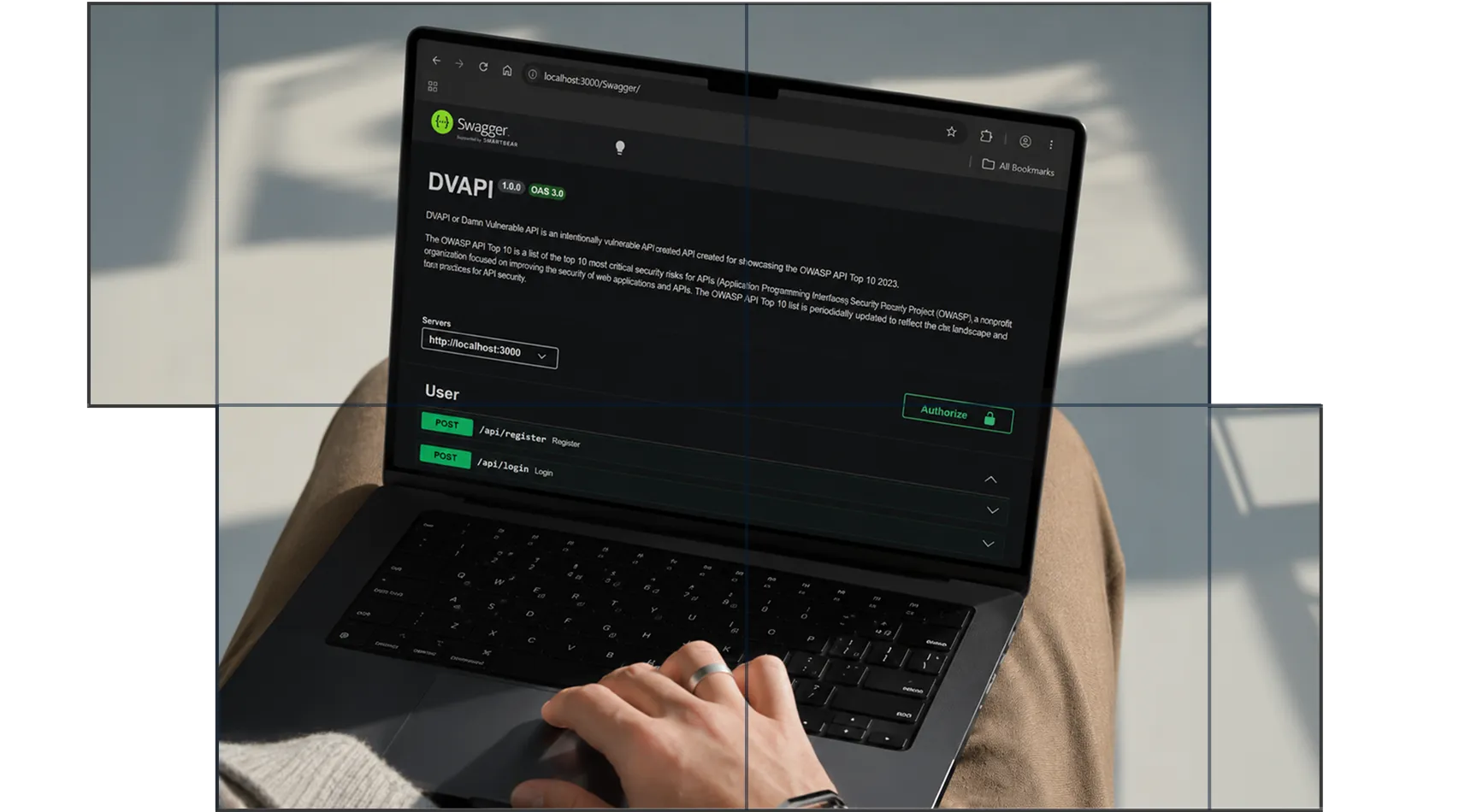 Person's hand resting on a laptop keyboard showing a dark-themed Swagger API documentation page for DVAPI, an intentionally vulnerable API, with endpoints for user registration and login visible.