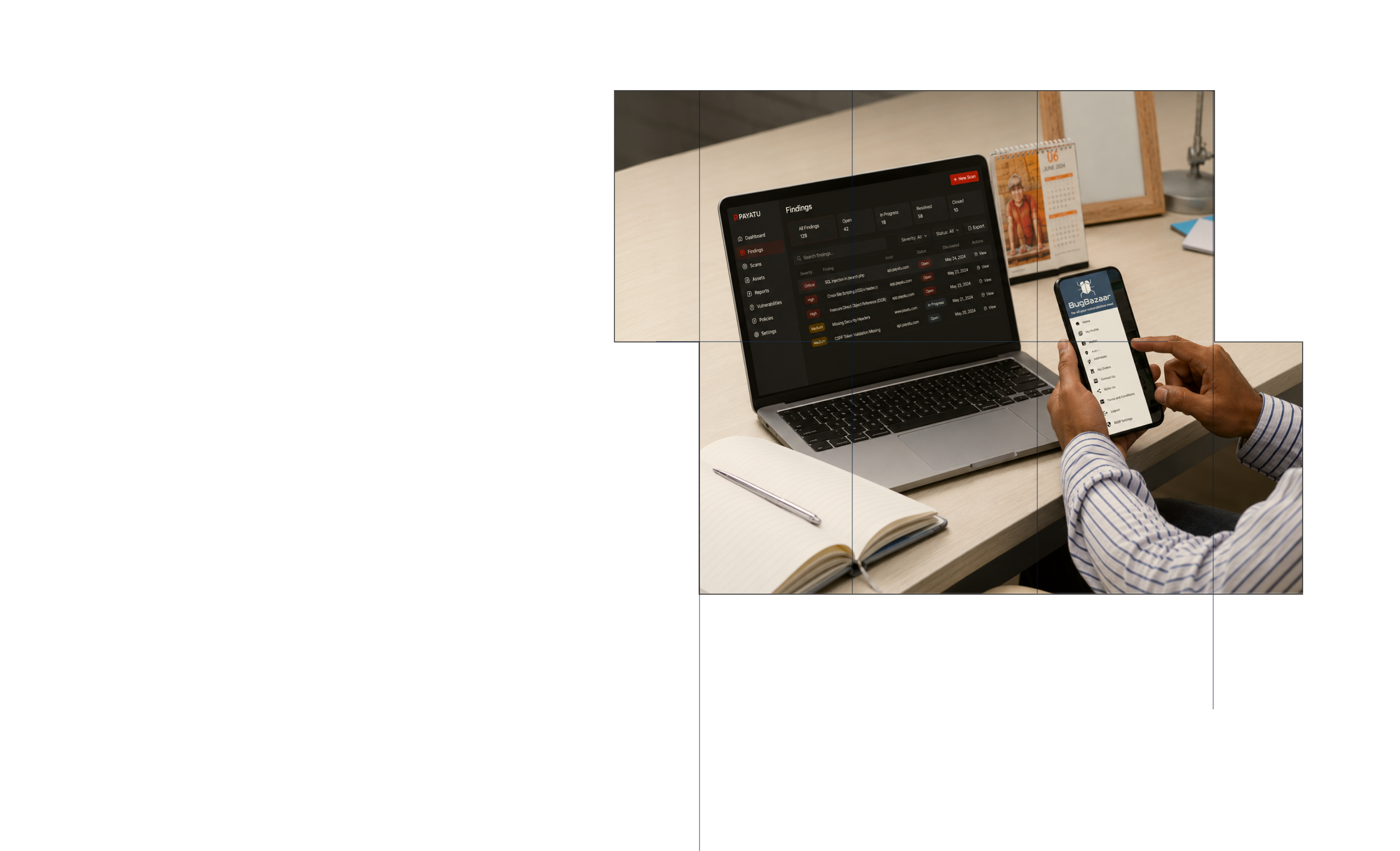 Person holding a smartphone displaying the BugBazaar app interface with menu options, sitting at a desk with an open notebook and pen. On the desk is a laptop showing the PAYATU findings dashboard with security scan results, vulnerability statuses, and a calendar showing June 6, 2024, in the background.