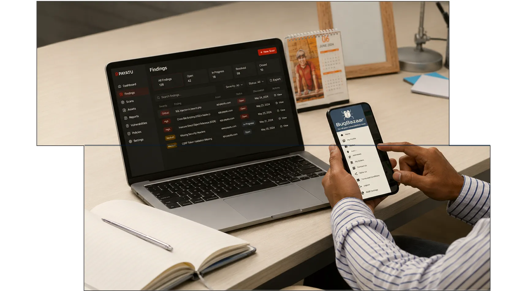Person holding a smartphone displaying the BugBazaar app menu, seated at a desk with an open laptop showing a Payatu security findings dashboard, an open notebook with a pen, a desk calendar showing June 2004, and a desk lamp.