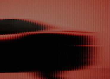 Abstract image with horizontal, distorted black and red lines creating a wave-like pattern on a red background.
