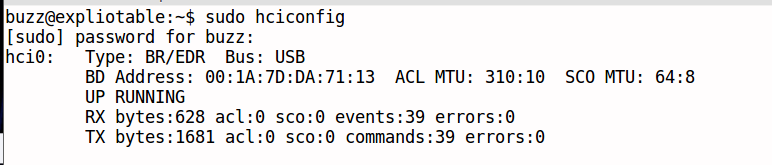 Terminal screenshot showing command 'sudo hciconfig' executed, displaying Bluetooth device hci0 details including type BR/EDR, USB bus, BD Address 00:1A:7D:DA:71:13, ACL MTU 310:10, SCO MTU 64:8, status UP RUNNING, RX and TX byte and event statistics with zero errors.