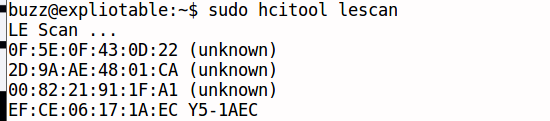 Terminal screen showing the command 'sudo hcitool lescan' being run to scan Bluetooth devices, listing four device addresses with three marked as unknown and one named Y5-1AEC.