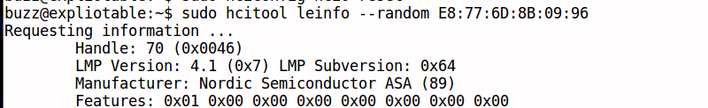 Terminal output showing a command 'sudo hciconool leinfo --random E8:77:6D:8B:09:96' and Bluetooth controller details including handle 70, LMP version 4.1, manufacturer Nordic Semiconductor ASA, and features in hexadecimal format.