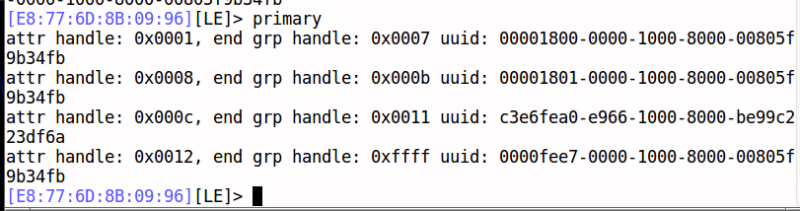 Terminal interface showing Bluetooth Low Energy (BLE) device attributes including handles, end group handles, and UUIDs, with command prompt at the bottom.