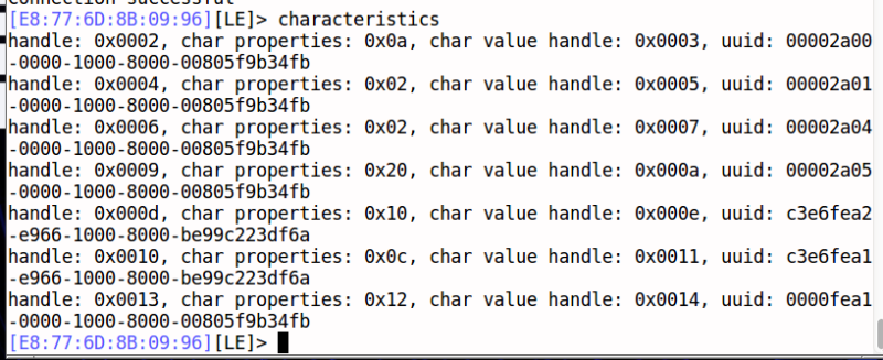 Terminal screen showing Bluetooth device characteristics with handles, char properties, char value handles, and UUIDs listed in a command-line interface.