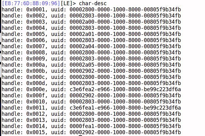 Screenshot of a terminal-like interface displaying Bluetooth Low Energy characteristic descriptors with handles and UUIDs, showing hexadecimal addresses and UUID strings in rows.