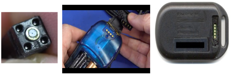 Three close-up images of electronic device connectors: a small black square connector with five visible metallic pins, a hand holding a blue translucent device being connected to a black connector with gold contacts, and a black rectangular device with a slot and a set of five gold pins on the side.