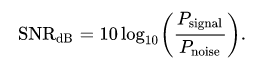 Mathematical formula for signal-to-noise ratio in decibels, SNR_dB equals 10 times the base-10 logarithm of the ratio of signal power to noise power.