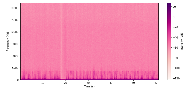 Spectrogram showing frequency (Hz) over time (seconds) from 0 to 60, with intensity in decibels represented in pink to purple gradient; higher intensity shown in darker purple around lower frequencies below 5000 Hz.