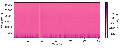 Spectrogram showing frequency in Hertz on the vertical axis from 0 to 30000 Hz and time in seconds on the horizontal axis from 0 to 60 seconds, with intensity ranging from -125 dB to 0 dB shown by a color scale from light pink to dark purple, displaying mostly low-intensity signals with a slight vertical line of increased intensity around 20 seconds.