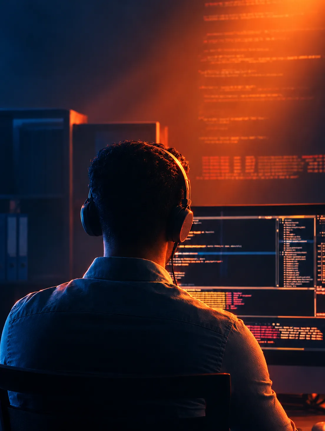 Developer wearing headphones viewing lines of code on multiple monitors