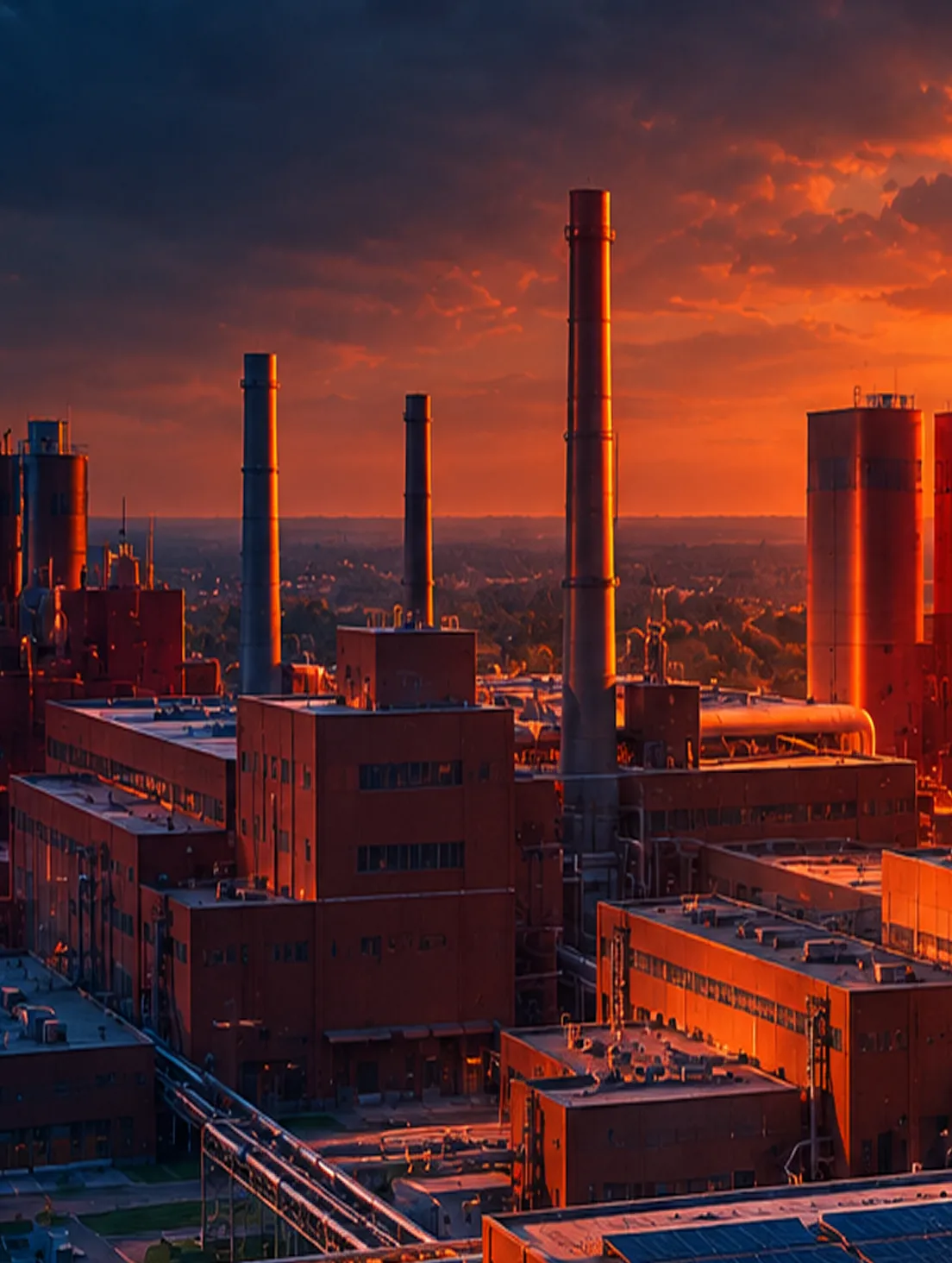 Industrial plant with tall smokestacks at sunset under an orange sky