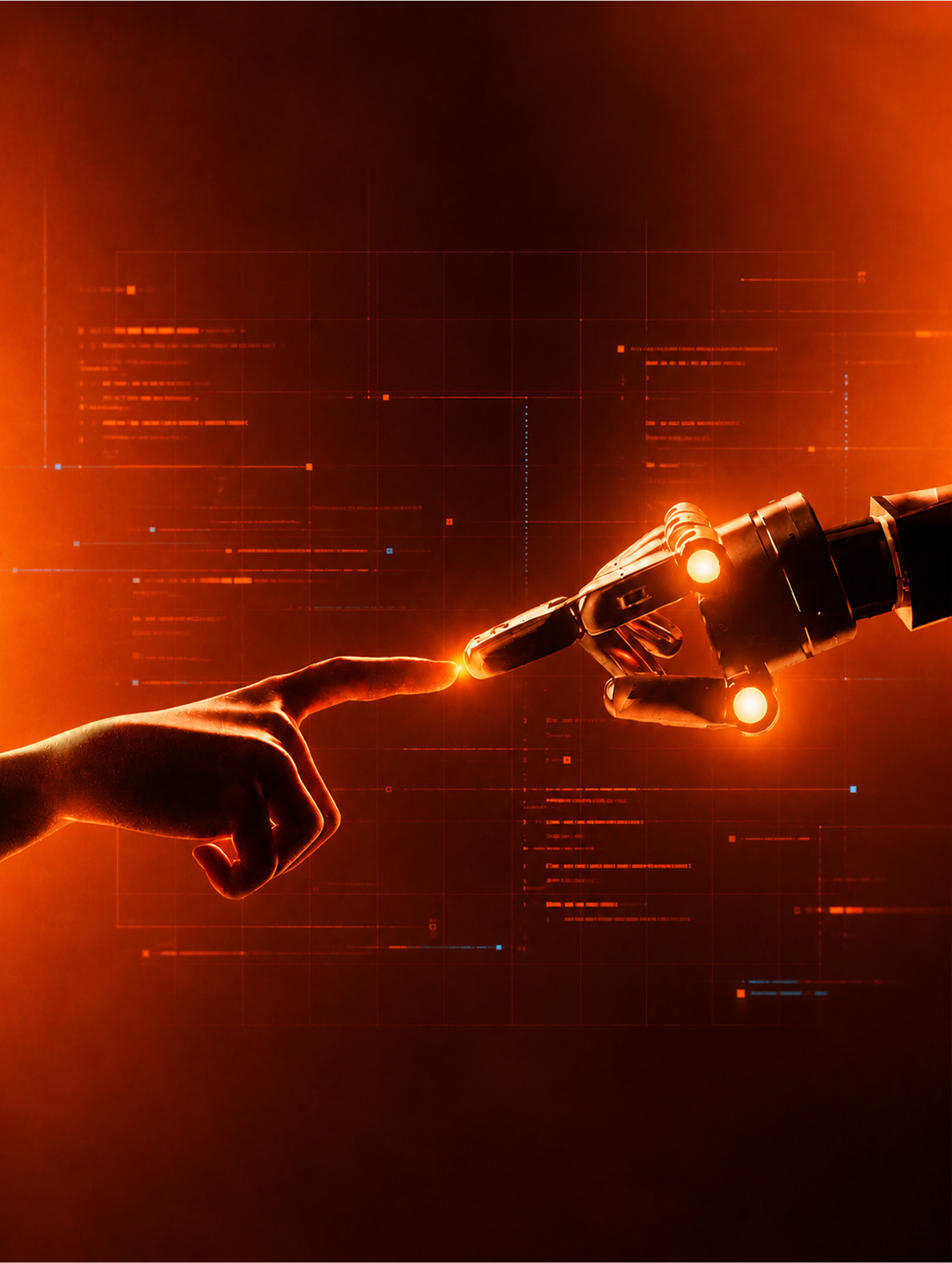 Human finger reaching toward a robotic hand against a glowing orange background of code