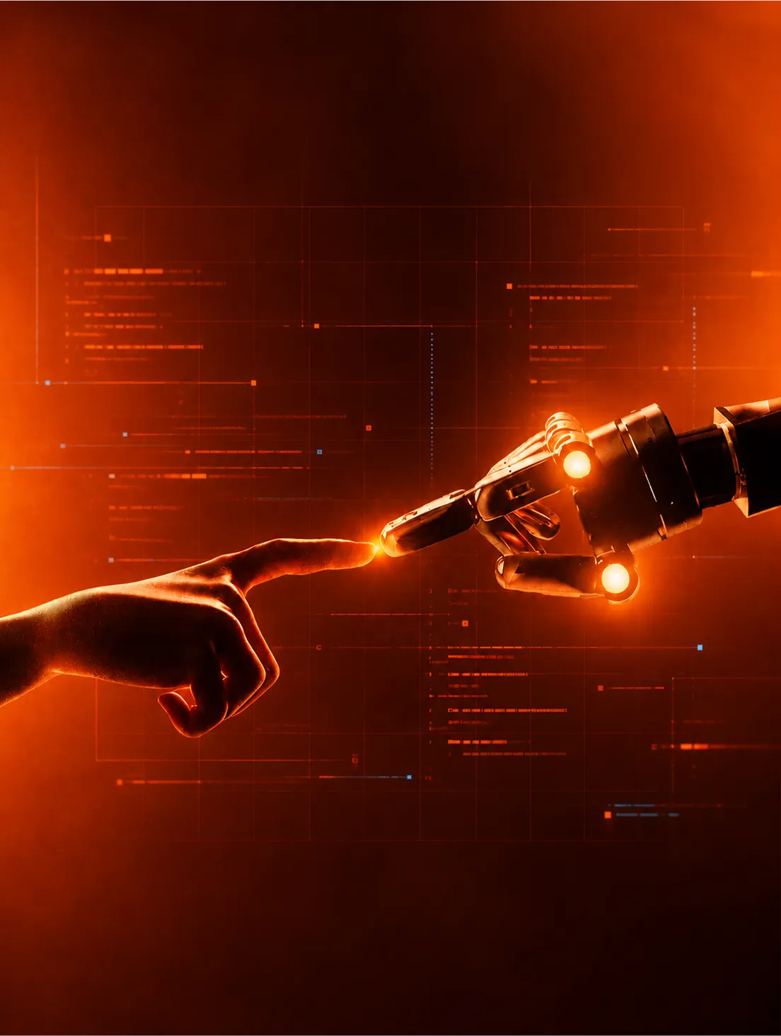 Human finger reaching toward a robotic hand against a glowing orange background of code