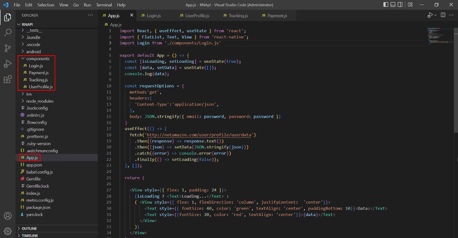 Screenshot of Visual Studio Code editor showing JavaScript code for a React Native app in App.js file, with project folder structure on the left highlighting components folder containing Login.js, Payment.js, Tracking.js, and UserProfile.js files.