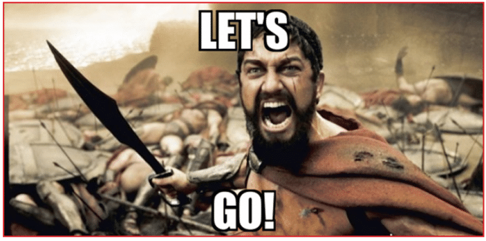 A fierce warrior shouting and holding a sword in a battle scene with fallen soldiers in the background, overlaid with the text 'LET'S GO!'