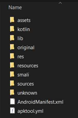 File explorer window displaying a list of folders and files named assets, kotlin, lib, original, res, resources, smali, sources, unknown, AndroidManifest.xml, and apktool.yml.