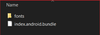 Computer file explorer window showing a directory with a folder named 'fonts' and a file named 'index.android.bundle'.