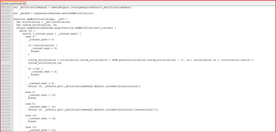 Screenshot of computer code in a programming environment showing a JavaScript function 'addNotification' that handles notification logic using a switch statement and context control for managing custom notifications.