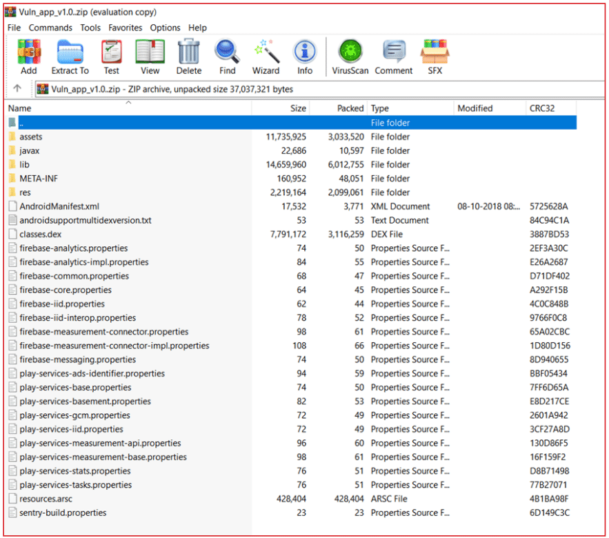 File archive window showing contents of Vulner_app_v1.0.zip including folders assets, javax, lib, META-INF, res, and various XML, DEX, properties, and ARSC files with sizes and types listed.