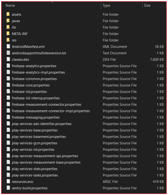 Screenshot of a file explorer window showing a list of folders and files related to an Android project, including folders named assets, javax, lib, META-INF, and res, and files like AndroidManifest.xml, classes.dex, multiple .properties files for firebase and play-services, resources.arsc, and sentry-build.properties with file types and sizes displayed.