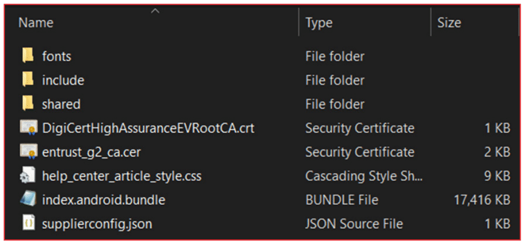 File directory listing with name, type, and size columns showing three folders named fonts, include, and shared; two security certificates; a CSS file; a bundle file; and a JSON source file.