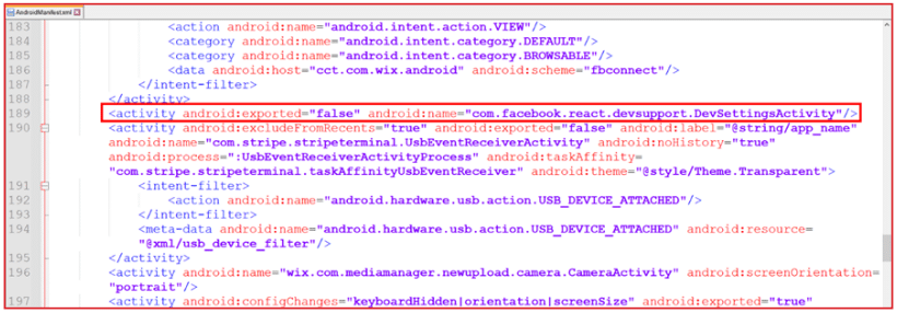 Screenshot of AndroidManifest.xml code showing declarations for activity elements, including one with android:name 'com.facebook.react.devsupport.DevSettingsActivity' set with android:exported 'false'. The snippet also includes intent-filters for USB device attachment actions and other activity properties.