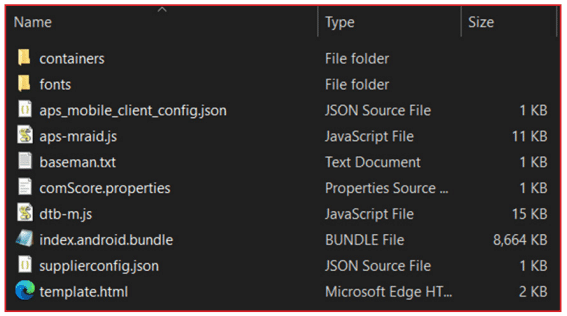 File explorer window showing a list of folders and files with their types and sizes, including containers and fonts folders, JSON source files, JavaScript files, a text document, a properties source file, a bundle file, and an HTML file.