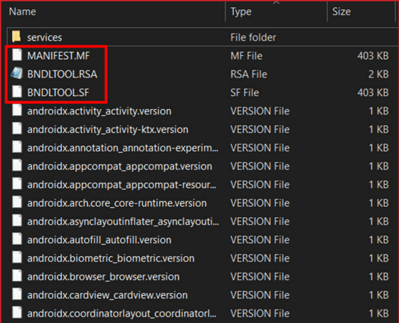 File explorer window showing a list of files and folders including 'services' folder and files named MANIFEST.MF, BNDLTOOL.RSA, and BNDLTOOL.SF highlighted with red border, with file types and sizes shown next to each name.