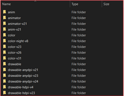 Screenshot of a file explorer window displaying a list of folders with their names, types as 'File folder,' and no sizes shown. Folder names include anim, animator, animator-v21, anim-v21, color, color-night-v8, color-v23, color-v26, color-v31, drawable, drawable-anydpi-v21, drawable-anydpi-v23, drawable-anydpi-v24, drawable-hdpi-v4, and drawable-hdpi-v23.