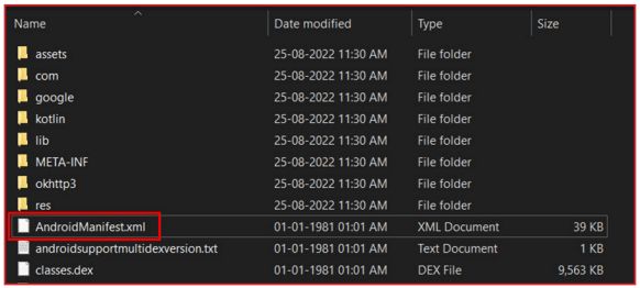 Screenshot of a file explorer window showing folders and files with columns for Name, Date modified, Type, and Size. The files include AndroidManifest.xml, androidsupportmultidexversion.txt, and classes.dex. The AndroidManifest.xml file is highlighted with a red border.