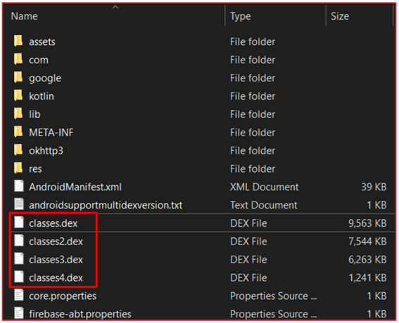 File explorer window showing folders and files including assets, com, google, kotlin, lib, META-INF, okhttp3, res, and files AndroidManifest.xml, androidsupportmultidexversion.txt, and four DEX files named classes.dex, classes2.dex, classes3.dex, and classes4.dex with their sizes listed in KB.