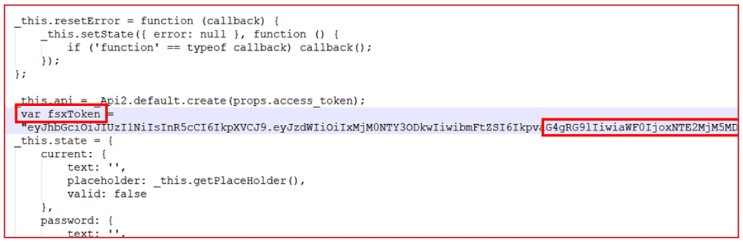 Screenshot of a code snippet in JavaScript showing a function resetError, a variable declaration for fsxToken containing a long string token, and a state object with text, placeholder, and valid properties.