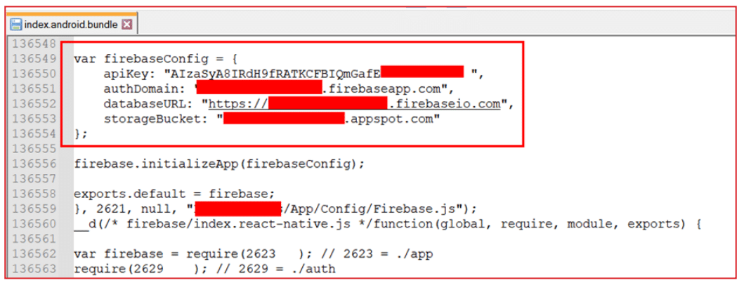 Code snippet of a JavaScript file showing Firebase configuration including an apiKey, authDomain, databaseURL, and storageBucket, with some sensitive information redacted in red boxes, followed by initialization of Firebase using firebase.initializeApp and module export statements.