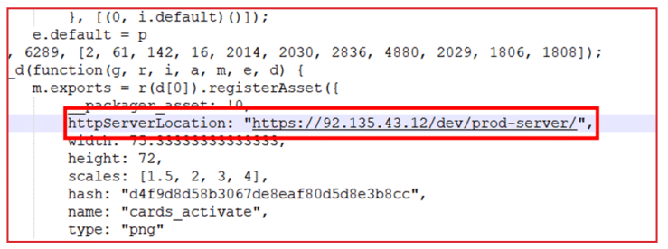 Screenshot of a code snippet showing a JavaScript object with a property httpServerLocation set to a URL in quotes: https://92.135.43.12/dev/prod-server/, surrounded by other properties such as width, height, scales, hash, name, and type.