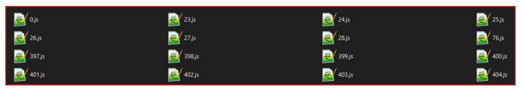 Screenshot of a file directory showing JavaScript files named with numbers and the .js extension, arranged in four columns on a black background.
