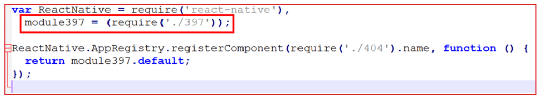 Code snippet in JavaScript showing ReactNative variable requiring 'react-native' module, module397 assigned by requiring './397', and ReactNative.AppRegistry registering a component from './404' that returns module397.default.