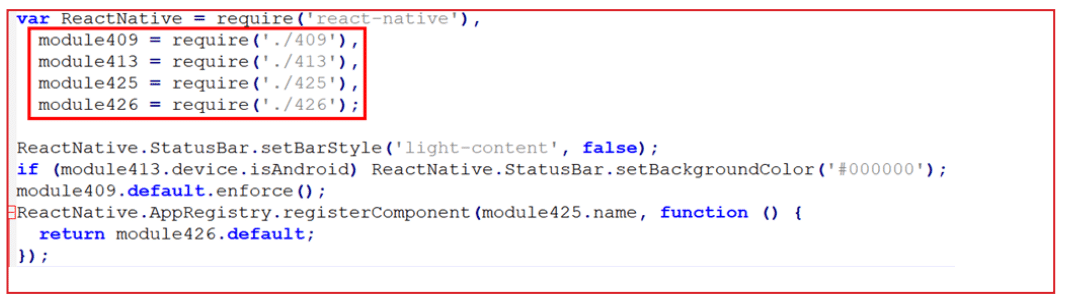 JavaScript code snippet showing ReactNative import and multiple module requires, followed by StatusBar style settings and conditional background color for Android, enforcing a module, and registering a component with a return statement.